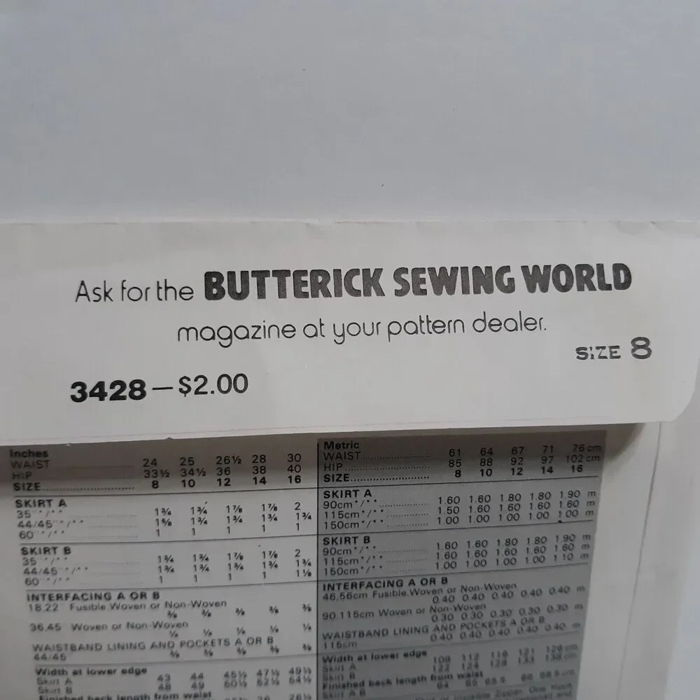 Vintage Butterick 3428 Sewing Pattern NEW Womens A-Line Skirt Size 8 Belt Loops